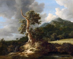 Berglandschap met knoestige eik voor een korenveld door Jacob van Ruisdael